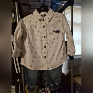 Toddler Button-Front Collared Shirt - Cream with Navy Print